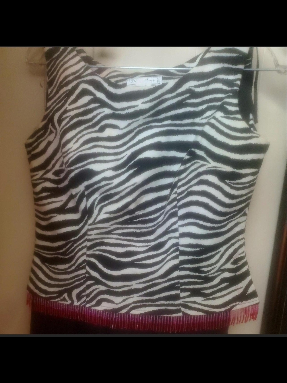 Sleeveless Zebra-Print Tank Top with Pink Fringe